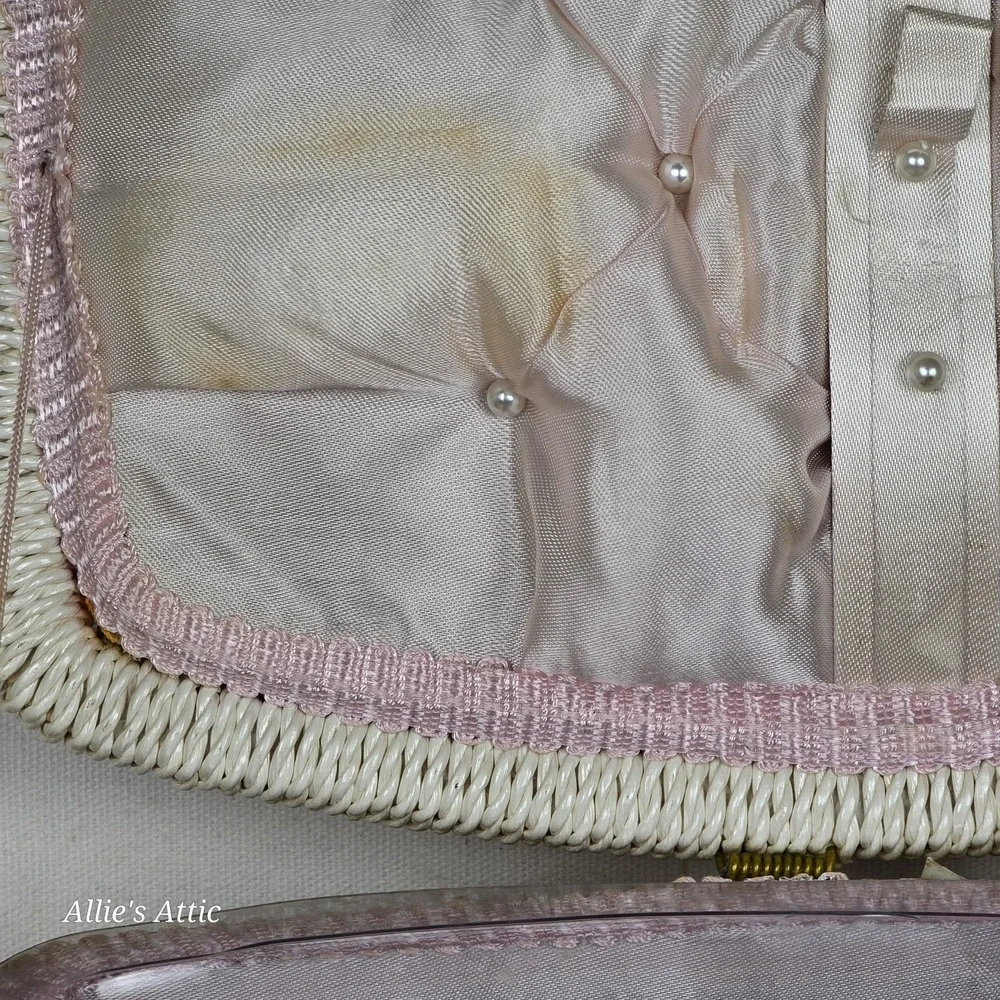 Vintage 70s Sewing Basket Pink Yellow White Mod Notions Box Handle Japan 12